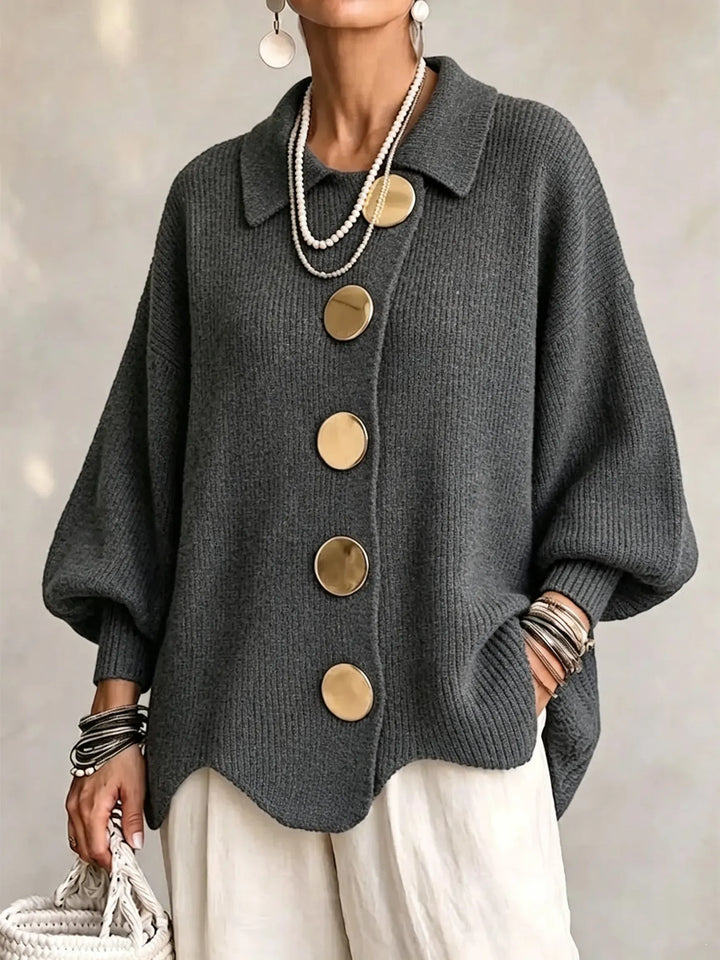 Penelope | Oversized Collared Knit Cardigan With Metal Buttons