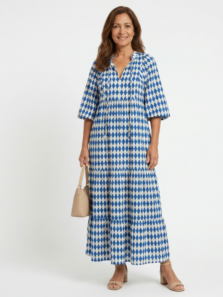 Elodie | Diamond Print Tiered Midi Dress