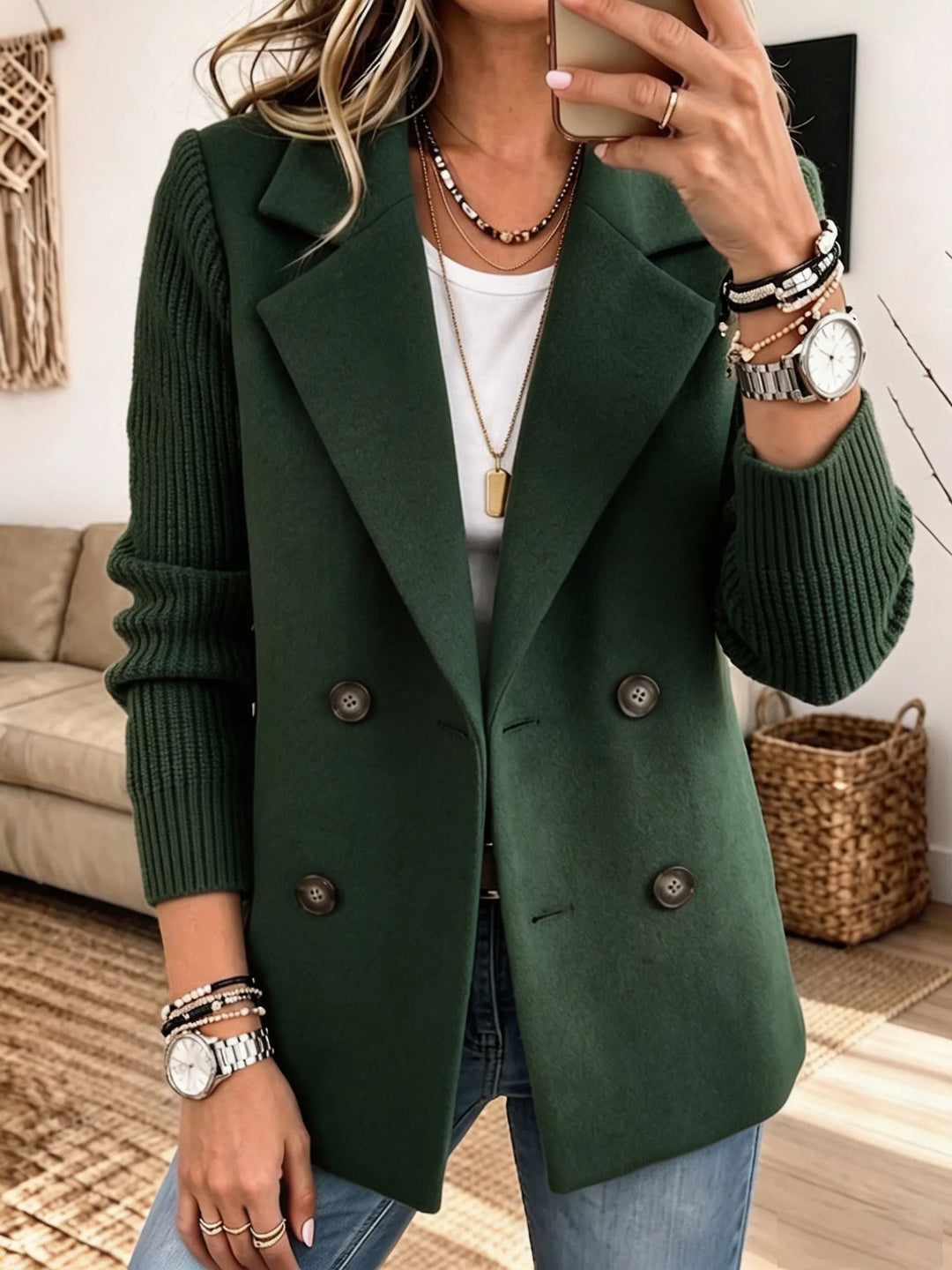 Carla | Two-Tone Knit-Sleeve Double-Breasted Blazer