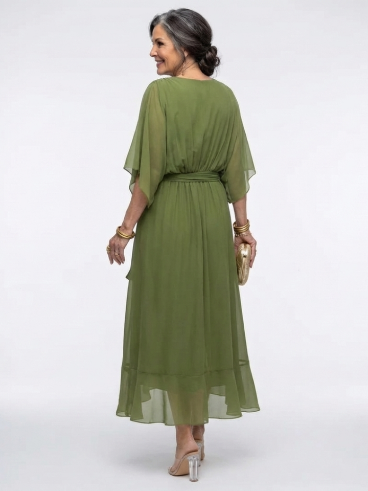 Elysia | V Neck Draped Waist Tie Midi Dress