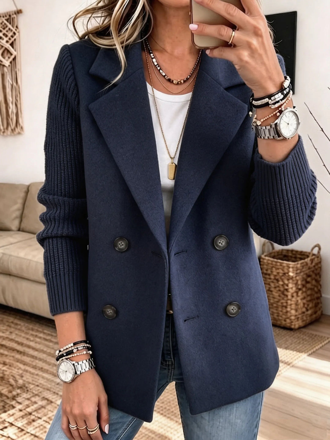 Carla | Two-Tone Knit-Sleeve Double-Breasted Blazer