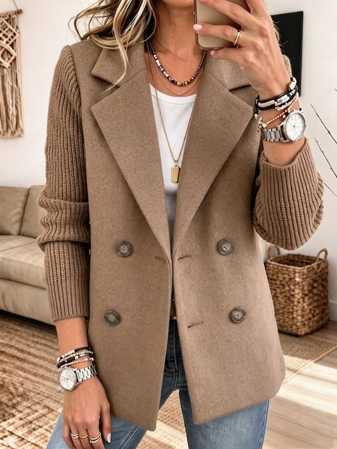 Carla | Two-Tone Knit-Sleeve Double-Breasted Blazer