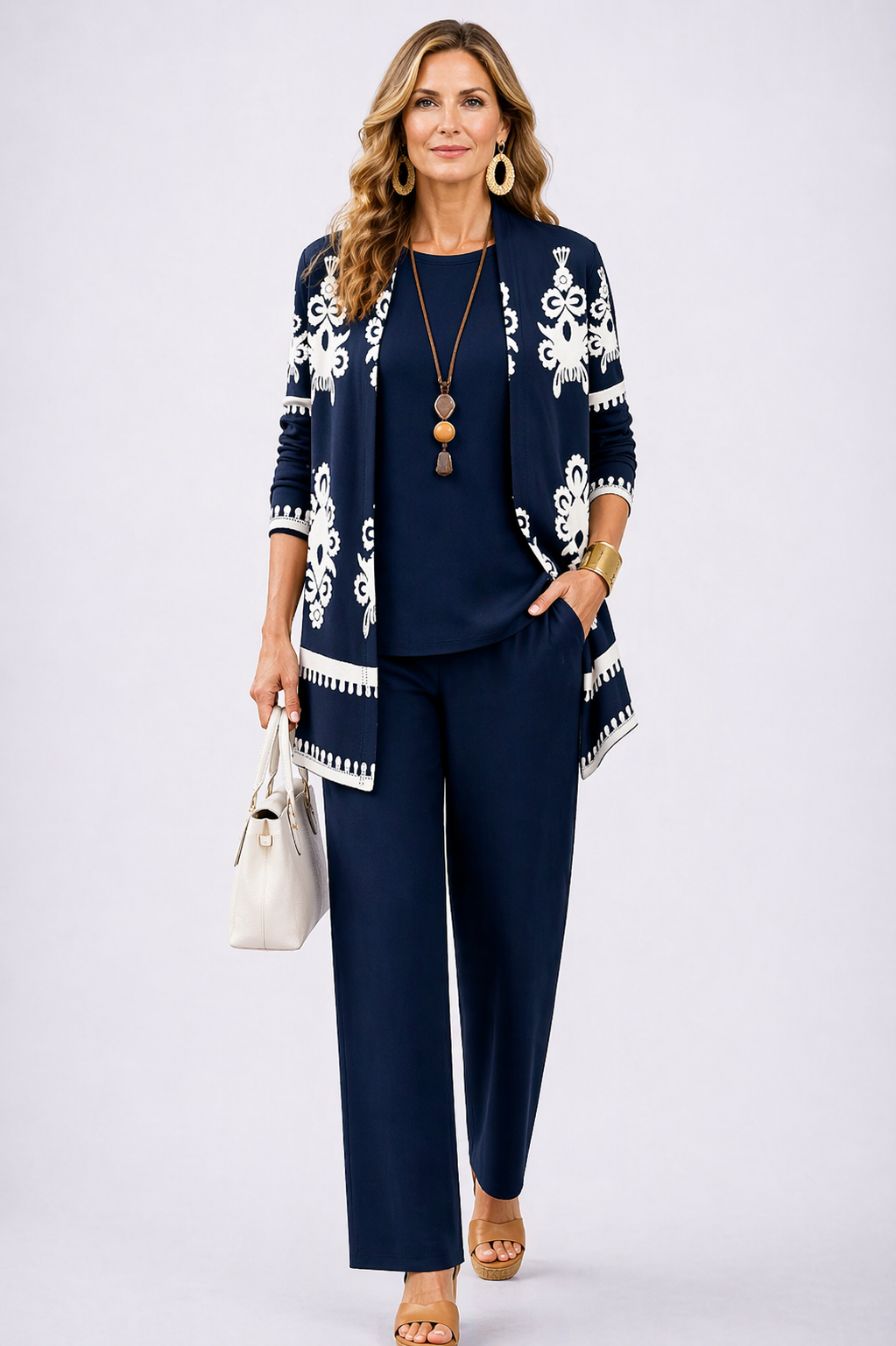 Natalie | Three-Piece Cardigan, Top and Wide-Leg Pants Set