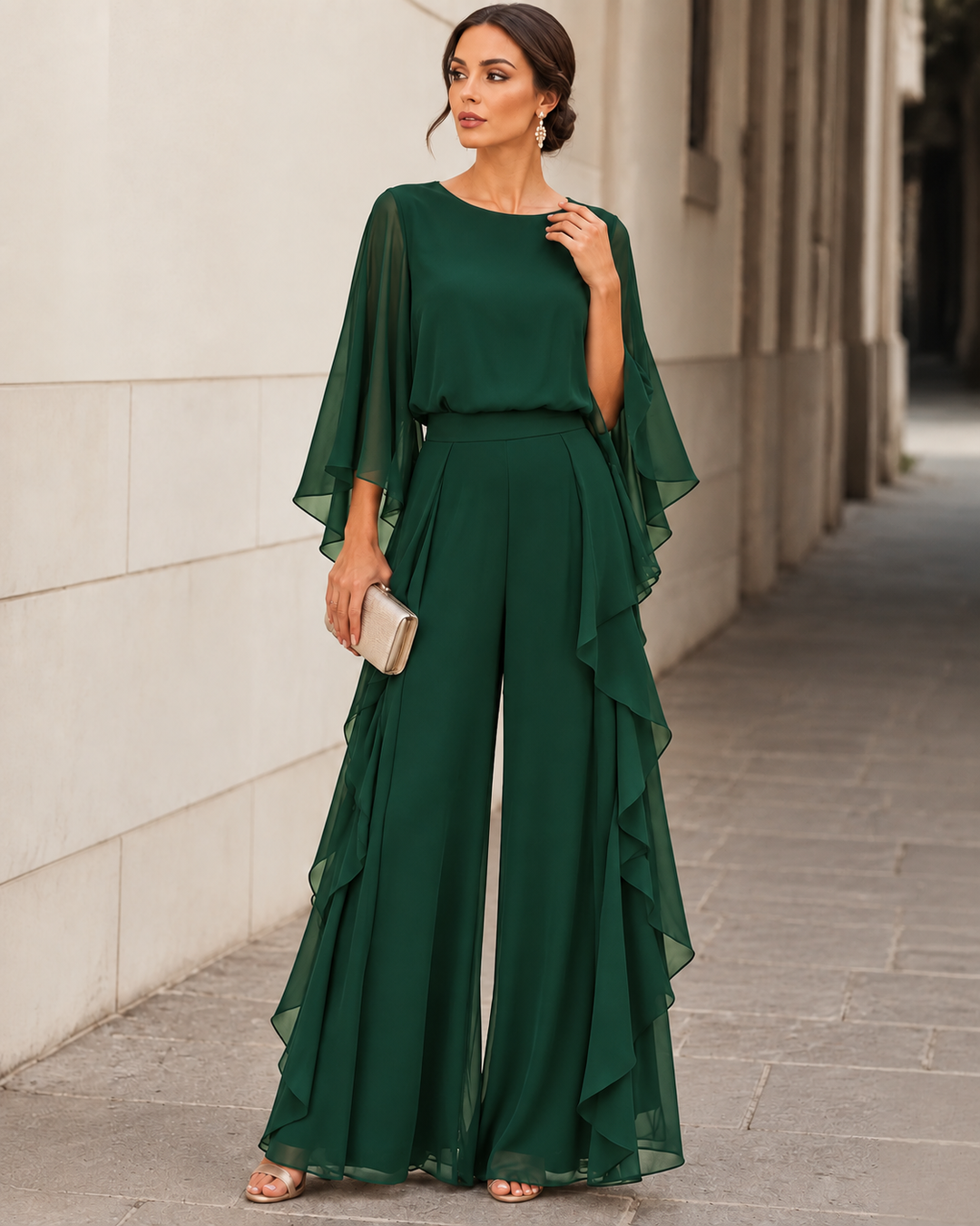 Lenorah Cape-Sleeve Chiffon Two-Piece Set