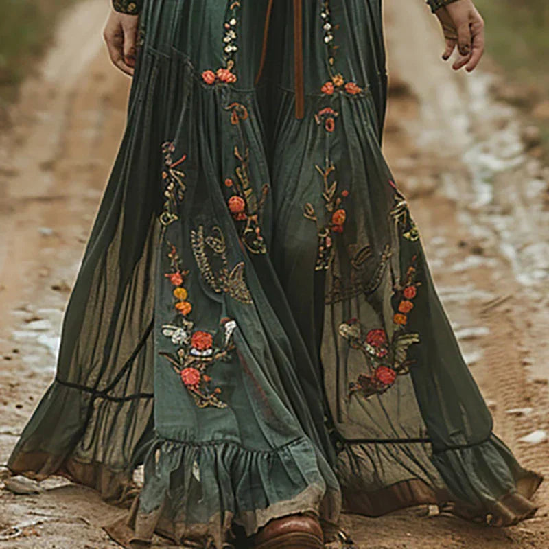 Women's Bohemian Dress | Embroidered V Neck Maxi