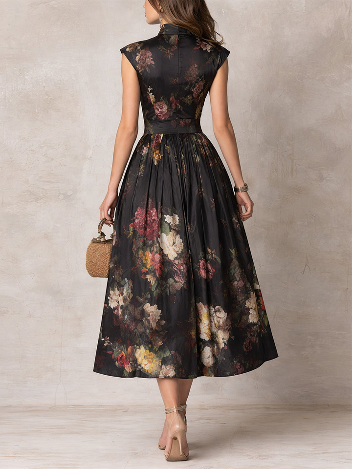 Black Keyhole Collar Floral Pleated Satin Midi Dress