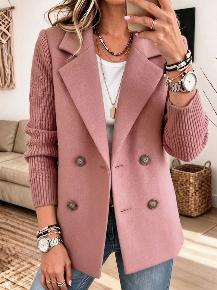 Carla | Two-Tone Knit-Sleeve Double-Breasted Blazer