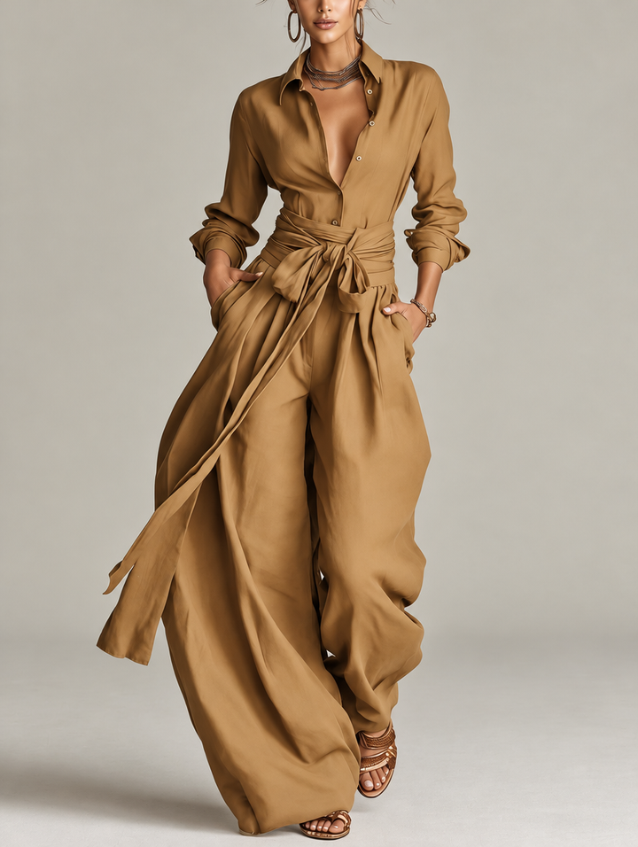 Betty | Tie-Waist Shirt and Wide-Leg Pants Two-Piece Set for Women