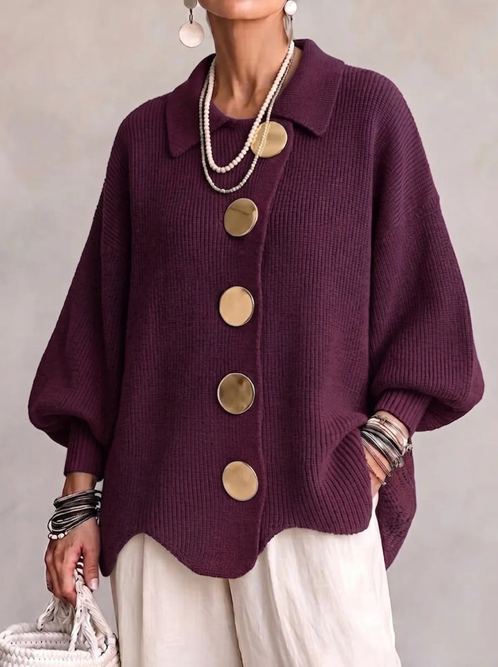 Penelope | Oversized Collared Knit Cardigan With Metal Buttons