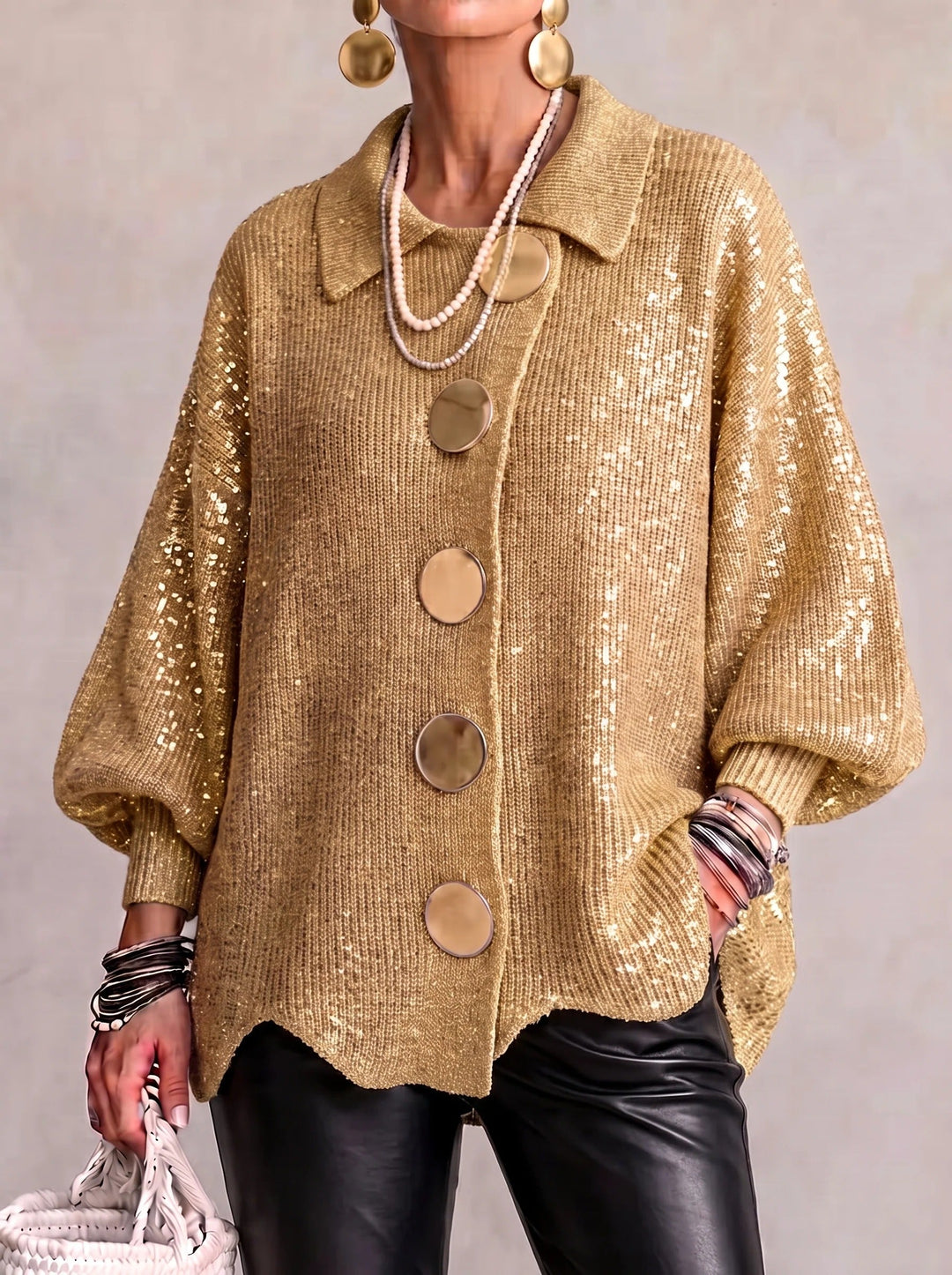 Penelope | Oversized Collared Knit Cardigan With Metal Buttons