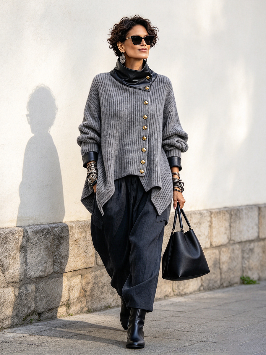 Olivia™ | Stylish Faux Leather Knit Cardigan Jacket